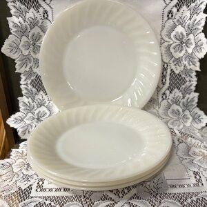 Ivory Fire King SET of 4 Salad Dessert Plates 7.75" Diameter Swirl Rim